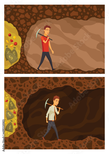 Businessman fail. Man use pickaxe to dig caves in search valuable treasures. Ambitious and challenging to succeed in business. Career development and motivation to achieve great goals concept