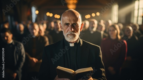 A pastor holds a Bible in his hand during a sermon. The Prophet gave a speech. Senior monk standing with Bibel photo