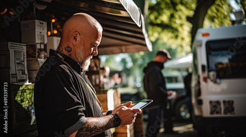 A shot of a customer scanning a QR code on a food truck's menu to make a mobi...