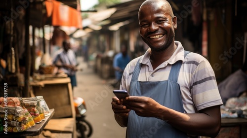 A shot of a street vendor holding a smartphone while receiving a mobile payme...