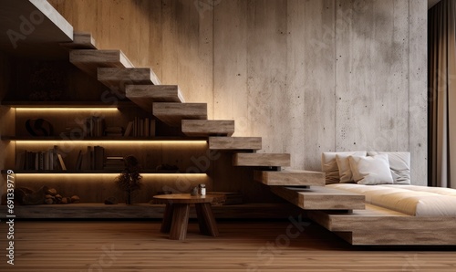 a small modern room with wooden stairs and wooden flooring