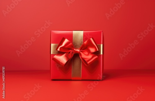a small red gift with a bow on red background © olegganko
