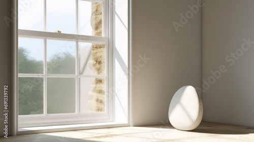 a small stone lying on a wall beside a window