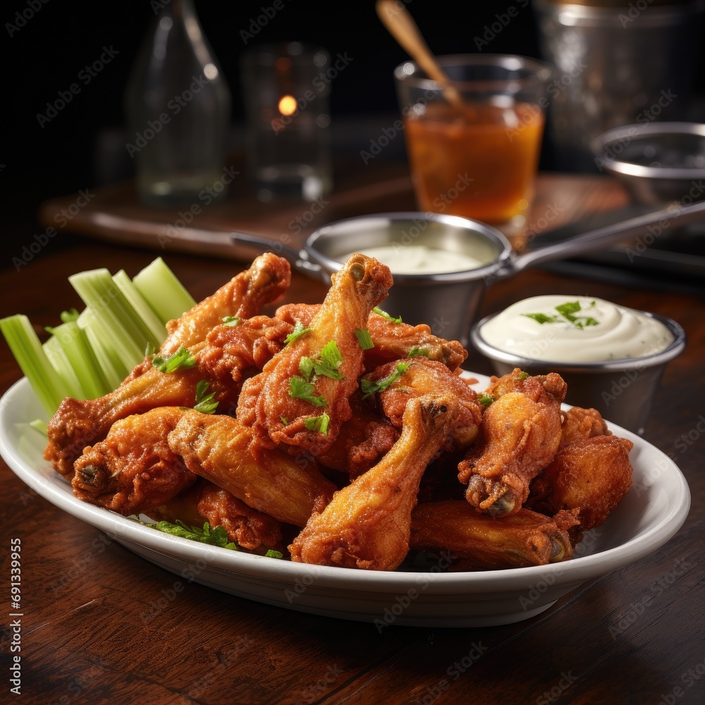 crispy fried chicken wings, served with a side of creamy blue cheese dressing and celery sticks