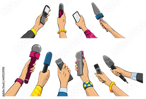 Journalist in pop art comic style, hand hold microphone. Set of voice recorder in hand of reporters. Press conference or interview, mass media news in cartoon vector illustration