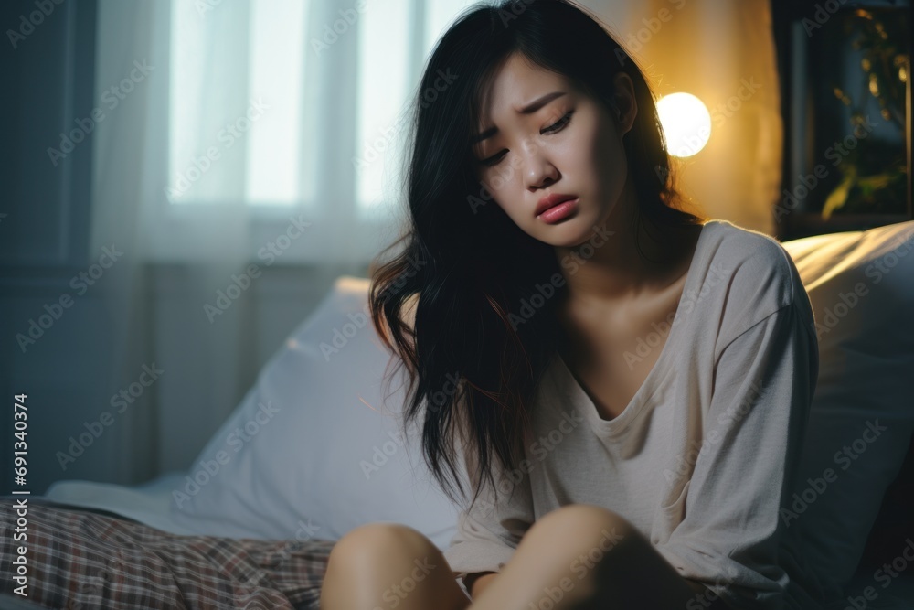 Abdominal pain of young Asian woman sitting on bed in bedroom after Abdominal pain of young Asian woman sitting on bed in bedroom after