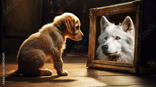 White Labrador Puppy Looking at a Mirror and Seeing His Reflection as a White Wolf. White Wolf Inside The Mirror. Close Up View. Concept on the Development of Either photo