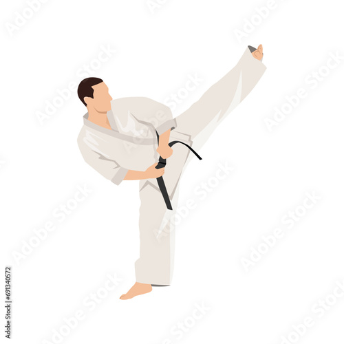 Karate kick. Martial arts. Inscription on illustration is a hieroglyphs of karate. Flat vector illustration isolated on white background