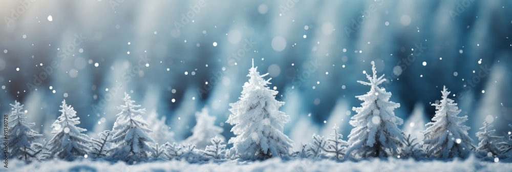 winter landscape Pine trees with snow and forest in the background Abstract blurred snowflakes