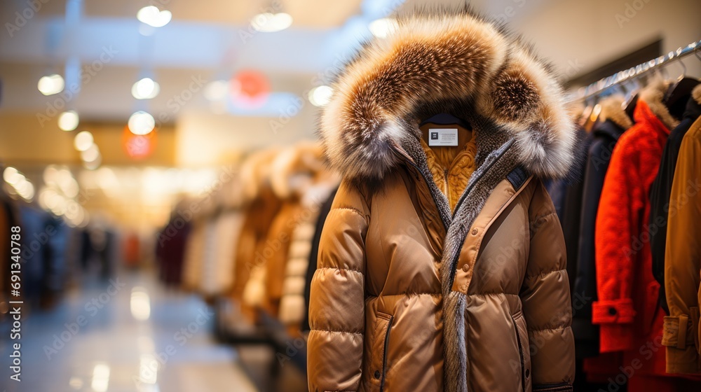 Winter women clothes in clothing store. Women's winter parka with a fur hood - obrazy, fototapety, plakaty 