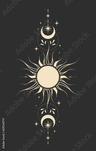 Mystical drawing of the sun and moon, tarot cards, boho illustration, tattoo, magic card. Vector hand drawing