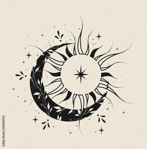Mystical drawing of the sun and moon, tarot cards, boho illustration, tattoo, magic card. Vector hand drawing