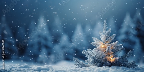 winter landscape Pine trees with snow and forest in the background Abstract blurred snowflakes