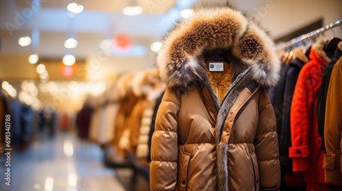 Winter women clothes in clothing store. Women's winter parka with a fur hood