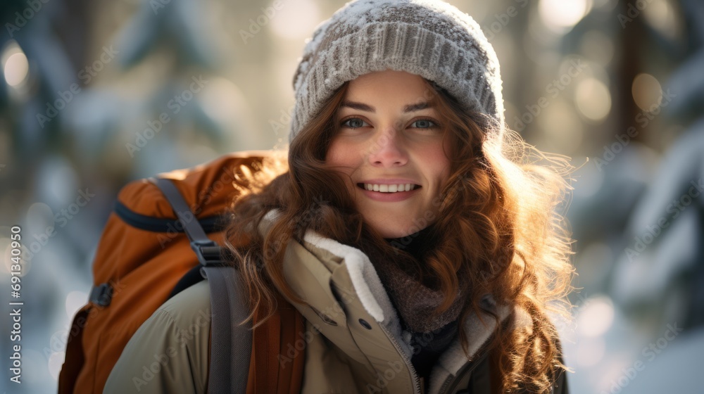 Woman in a winter warm jacket with fur and backpack walks in the snowy winter pine forest. Woman in a winter warm jacket with fur and backpack walks in the snowy winter pine forest.