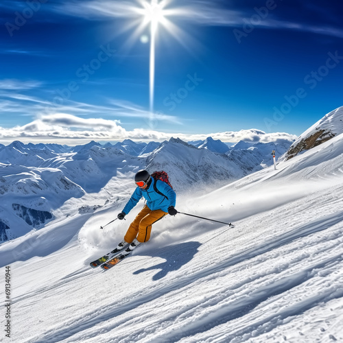 The skier is on piste running downhill in a beautiful Alpine landscape. Blue sky in the background. Free space for text.