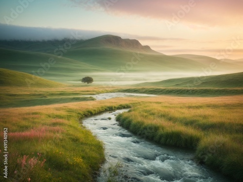 invigorating morning landscape with dew-kissed grass, wildflowers, and a gentle stream soft pastel colors peaceful nature