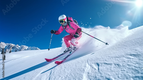 The skier is on piste running downhill in a beautiful Alpine landscape. Blue sky in the background. Free space for text. photo