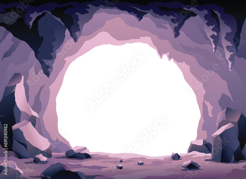 Cave landscape. Stone cave entrance with empty white space inside. Prehistoric dungeon entrance, rock cavern game illustration. Vector image of tunnel in mountain or mine in rocks