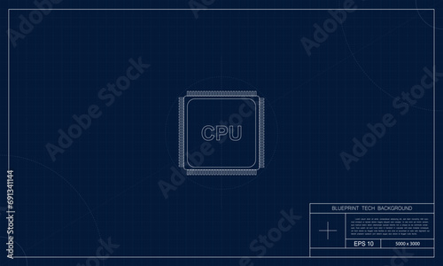 "Futuristic blueprint-style processor illustration background, making it ideal for projects related to processors, computer technology, and cutting-edge design.