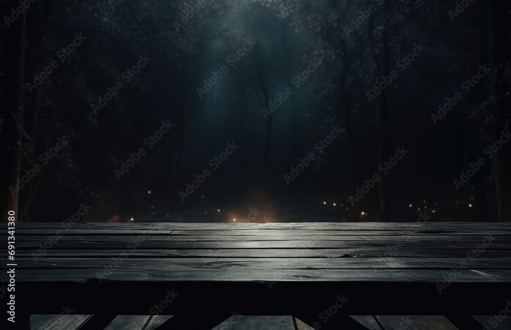 a wood table in a dark forest with lights