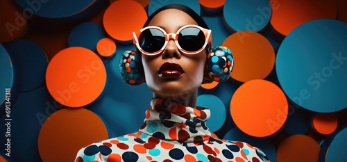a woman in polka dot outfit, sunglasses, and blue circle background