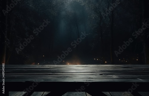 a wood table in a dark forest with lights