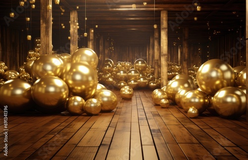 a wooden floor with golden balloons in the background