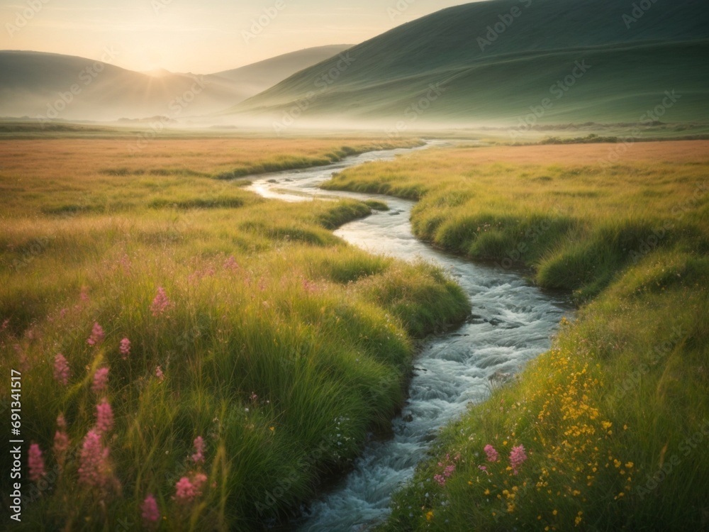 serene morning meadow with dew-kissed grass and wildflowers by a gentle stream tranquil nature landscape in soft pastel colors 