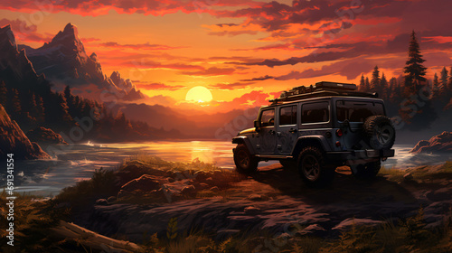Jeep with sunet behind photo