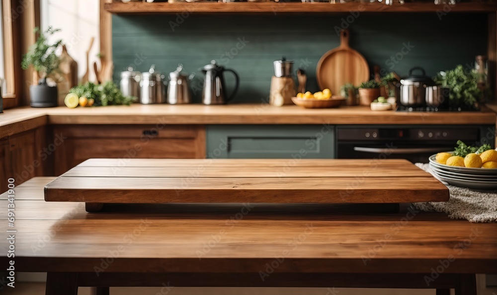 wooden table with wood board table in front of kitchen. Kitchen background. glitter overlay, wide view wooden table with wood board table in front of kitchen. Kitchen background. glitter overlay, wide view