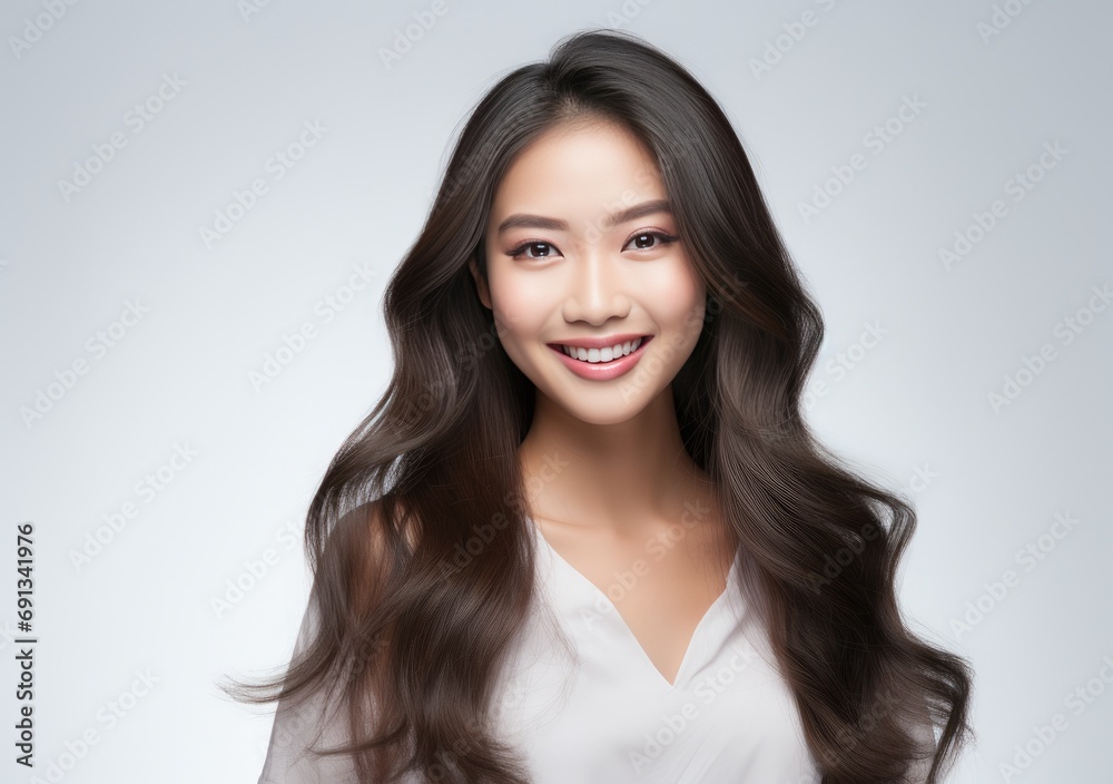 a young asian woman holds onto the camera to show off her long hair a young asian woman holds onto the camera to show off her long hair