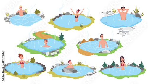 Hot springs pool. People enjoying thermal spa water in winter, flat vector illustration. Mountain onsen, japanese natural hot springs resort. Relax, recreation