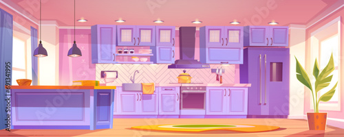 Home kitchen interior design. Vector cartoon illustration of clean dining room with blue wood and glass furniture, kitchenware on shelf, modern fridge and oven, daylight in window, flower pot on floor