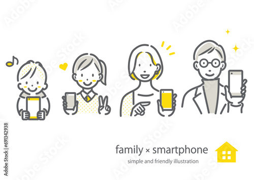 スマホを見せるミドル世代の4人家族　シンプルでお洒落な線画イラスト