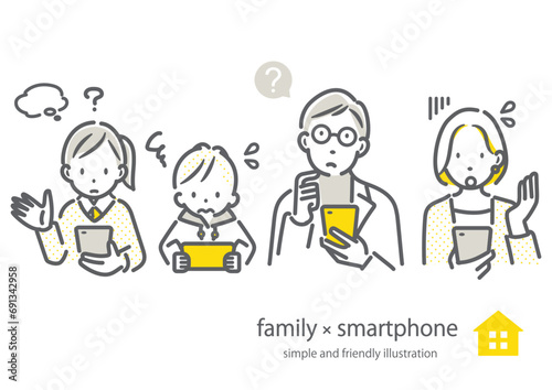 スマホに問題を抱えるミドル世代の4人家族　シンプルでお洒落な線画イラスト