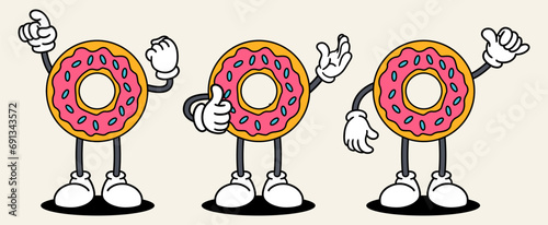 Donut set mascot of 70s groovy. Collection of cartoon,retro, groovy characters. Vector illustration.
