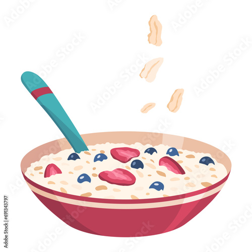 Oatmeal breakfast porridge icon, bowl with fruit and berries in milk. Healthy nutrition meal concept. Vector illustration isolated on white background