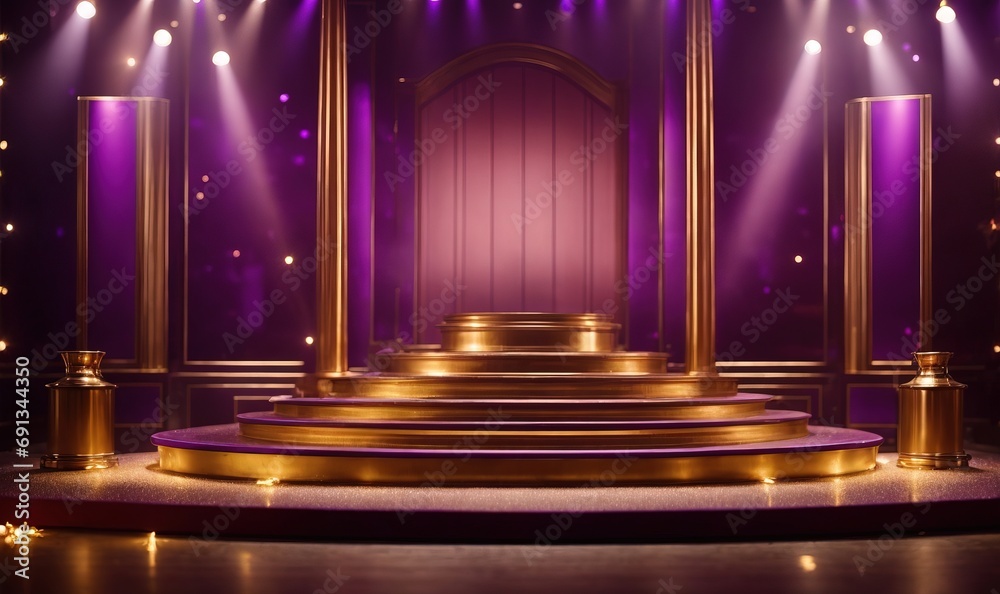 violet podium with golden light lamps background. Golden light award stage with rays and sparks