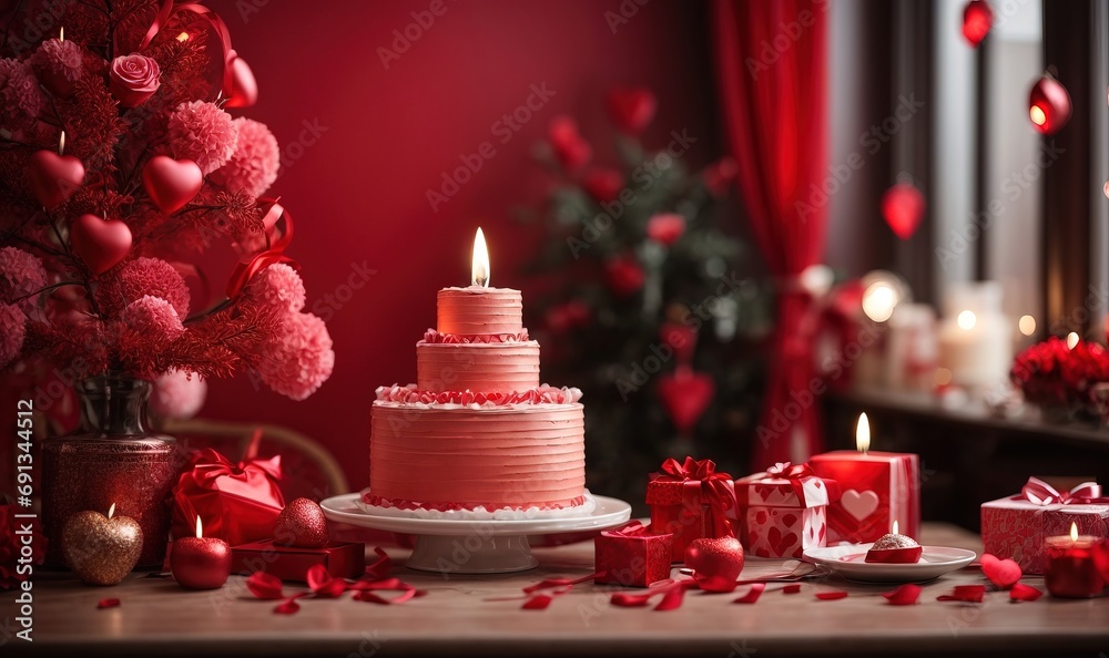 Valentine decoration with a red cake love and gifts, the Valentine tree and lamp theme background Valentine decoration with a red cake love and gifts, the Valentine tree and lamp theme background