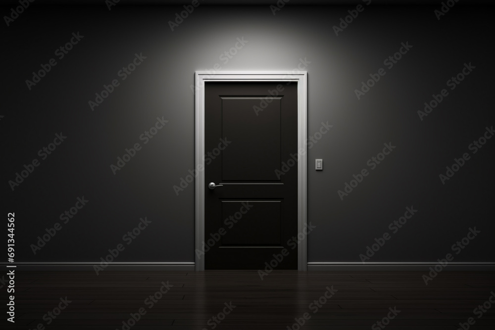 Wooden door in a room with a lamp. Close up of closed wooden door in the empty room with copy space Wooden door in a room with a lamp. Close up of closed wooden door in the empty room with copy space