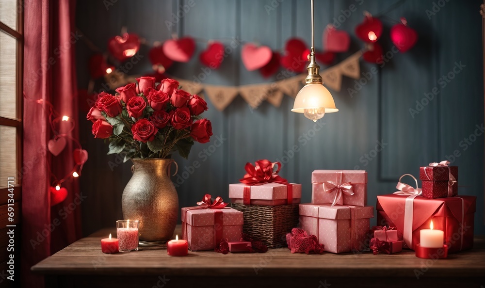 Valentine day decoration with a empty wooden tabletop, lamp tree and gifts in the love theme background