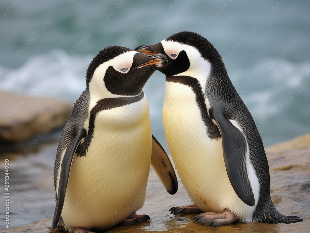 Obraz premium a pair of penguins engaging in bonding behaviors, emphasizing the social aspect of their lives