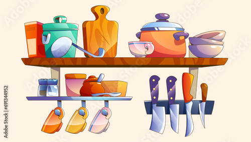Kitchen shelf with utensils hanging on wall. Vector cartoon illustration of home or restaurant cooking equipment, clean bowls, cups, wooden chopping board, glass jars with pepper salt, sharp knives
