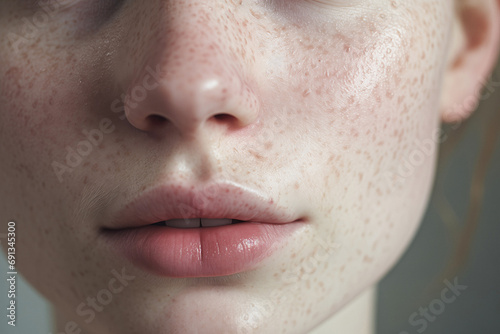 Closeup Of Beautiful Young Woman Skin With Freckle On Her Face, Natural Plump Filler Lips, Beauty Porcelain Skin With Pigmentation Concept