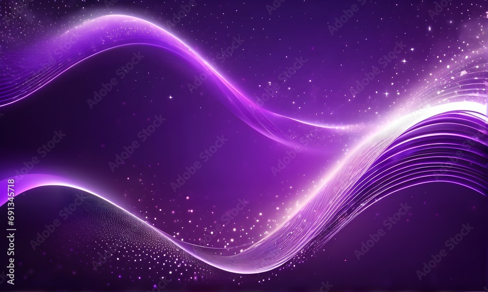 Abstract dark purple background with glowing particles, waves, and stars. Galaxy, futuristic world. Designed for banners, wallpaper, template, background, postcard