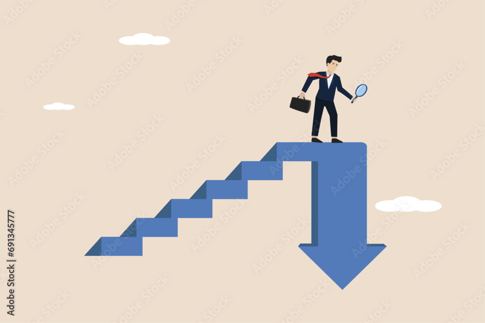 Fototapeta premium Stock market decline in crisis, investment or economic recession, career dead end or financial risk concept, frustrated businessman investor climbing stairs with downward arrow above.