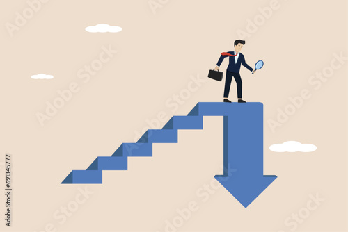 Stock market decline in crisis, investment or economic recession, career dead end or financial risk concept, frustrated businessman investor climbing stairs with downward arrow above.