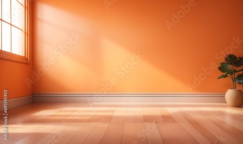 the interior background for the presentation showcases a wooden floor and a soft orange wall, complemented by an intriguing glare from the window