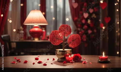 Tabletop with Valentine decoration tree and lamp theme on the background